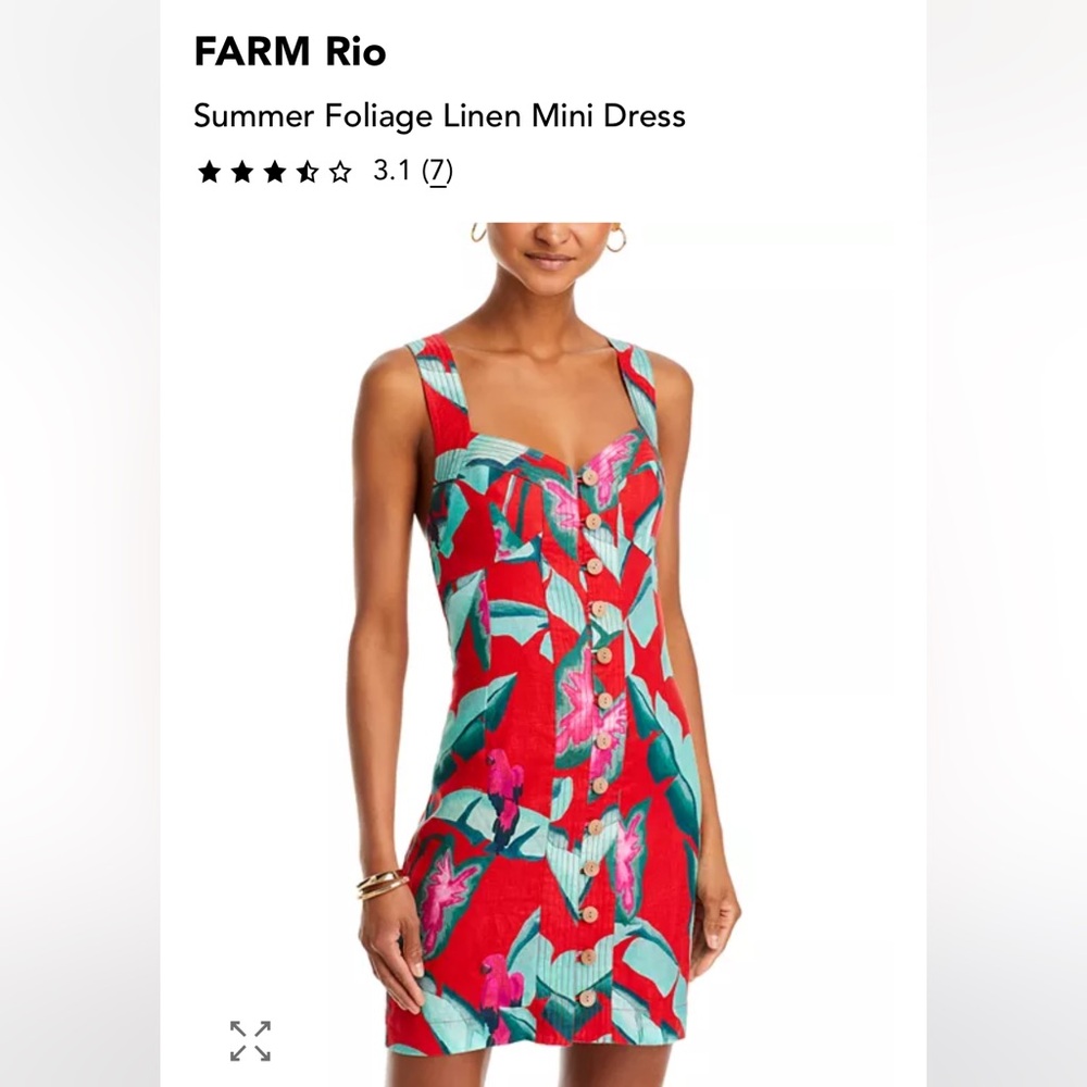 Farm Rio NWT 🇧🇷 Size Small.  Summer Foliage Linen Mini Dress, Red/Green